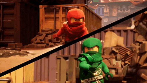a red ninja and a green ninja standing next to each other