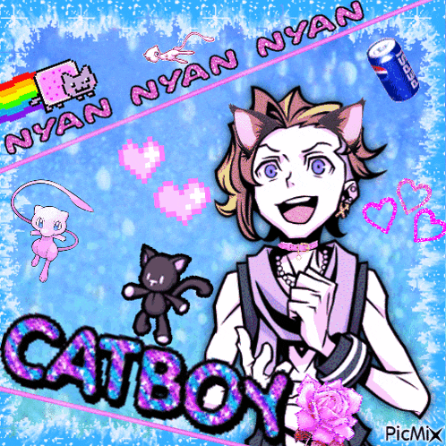 a picture of a cat boy with a cat and a can of pepsi