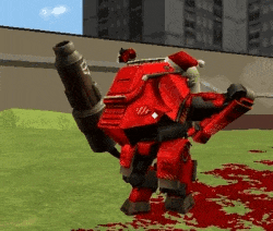 a red robot is wearing a santa hat and has a cannon on its back .