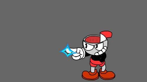a cuphead cartoon character is pointing at something with a blue arrow
