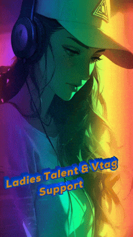 a picture of a girl wearing headphones and a hat with the words ladies talent & vtag support below her