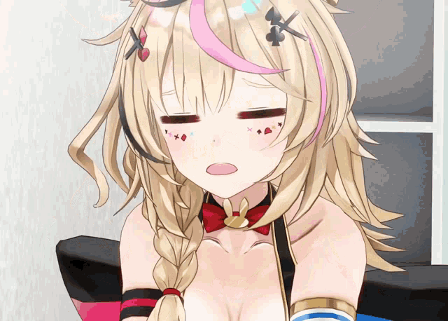 a girl with a braided hair and a bow tie is making a face