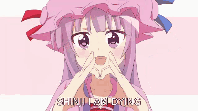 a girl with purple hair is making a heart shape with her hands and the words shinji i am dying behind her