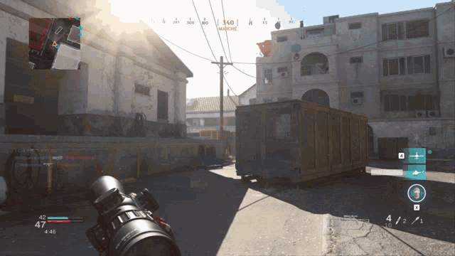 a screenshot of a video game shows a sniper aiming at a building