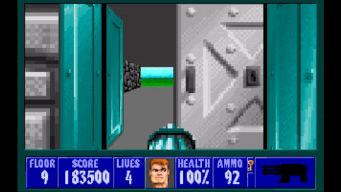 a screenshot of a video game with a score of 183500 lives 4 and health ammo of 92