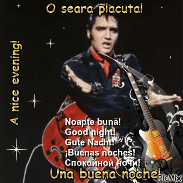 a picture of elvis presley holding a guitar with the words " a nice evening " on the bottom