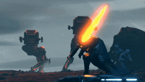 a man holding a glowing sword stands in front of a robot
