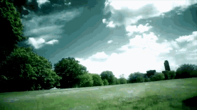 a field with trees in the background and a blue sky with clouds