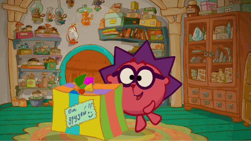a cartoon character with glasses is holding a gift box that says on gruzen