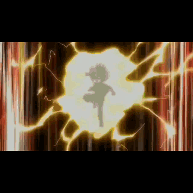 a cartoon character is silhouetted against a lightning bolt