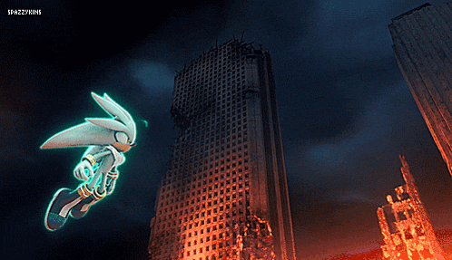 silver the hedgehog is flying through the air in front of a city