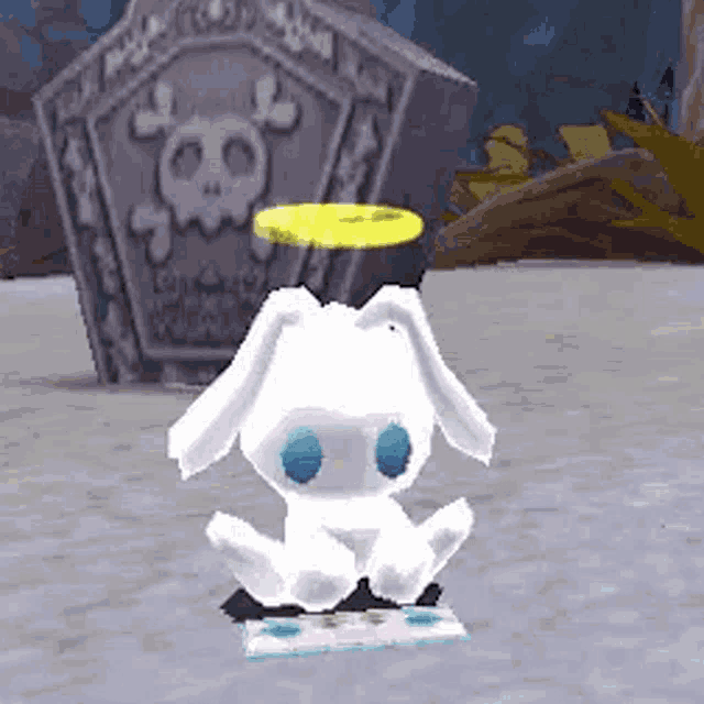 a white bunny with a halo on its head is sitting on a card in front of a grave .