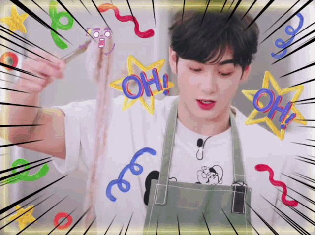 a man in an apron is cooking and the word oh is surrounded by colorful stars