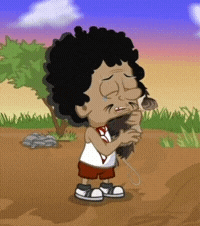 a cartoon of a boy holding a bird in his hand