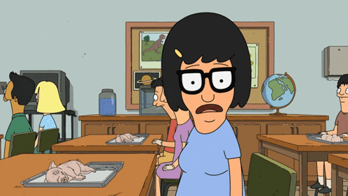 a cartoon character with glasses stands in front of a classroom