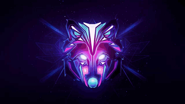 a colorful wolf head with glowing eyes on a dark blue background