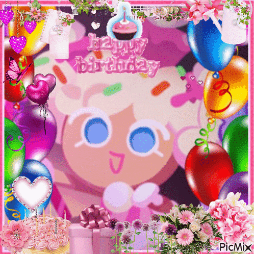 a picture of a girl with balloons and flowers with the words happy birthday on it