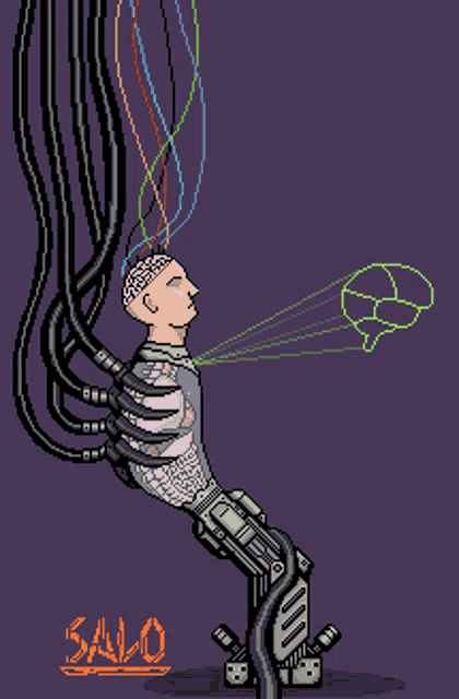 a pixel art drawing of a man with tubes coming out of his head