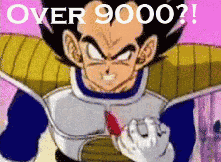 a cartoon character is holding a red object and says over 9000
