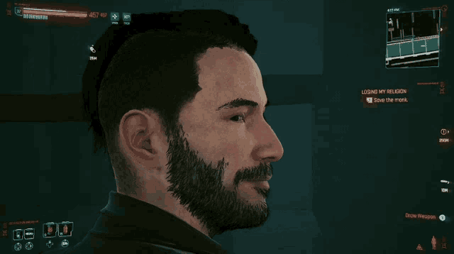 a man with a beard is in a video game where he is talking about losing his religion