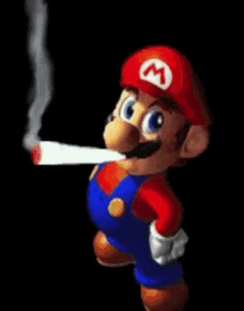 mario is smoking a cigarette with smoke coming out of it .