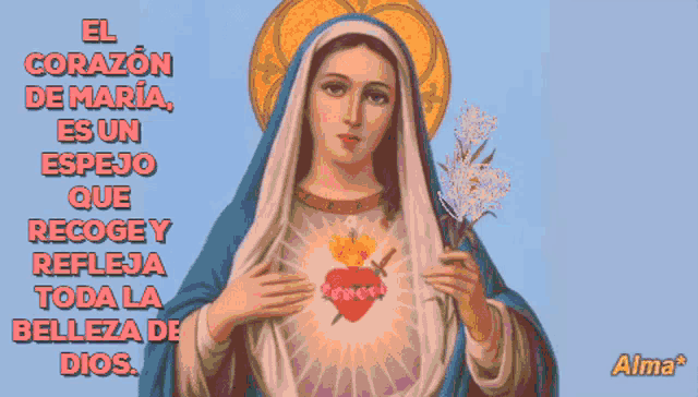 a painting of a woman holding a flower with the words " el corazon de maria " on the bottom