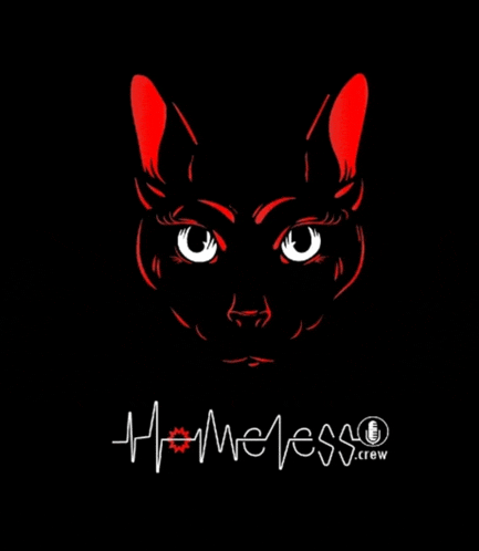a drawing of a cat with the words homeless crew written below it
