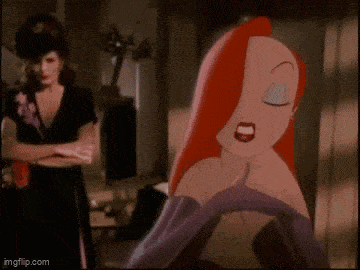a cartoon character with red hair and purple gloves is standing in front of a woman in a black dress .