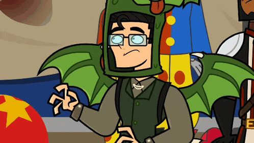 a cartoon of a man wearing a dragon costume and glasses
