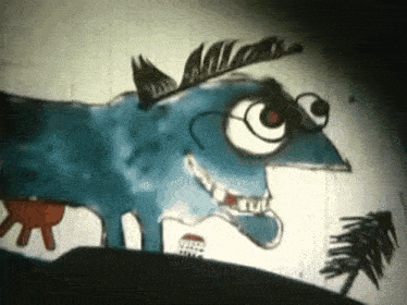 a cartoon drawing of a blue monster with glasses and horns
