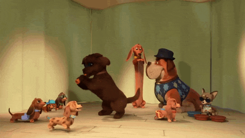 a group of cartoon dachshunds are dancing and playing instruments