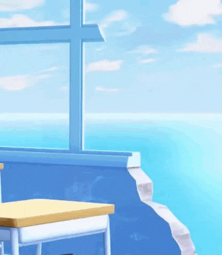a cartoon girl wearing sunglasses is sitting at a desk in front of a window overlooking the ocean .