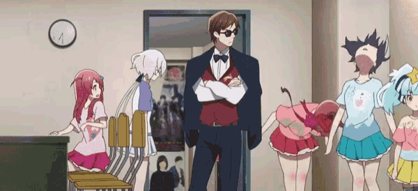a group of anime characters are standing around a man in a suit and bow tie .