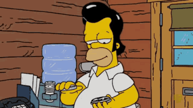 a cartoon of homer simpson holding a can of something