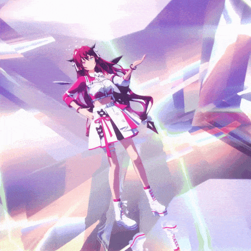 a girl with red hair is standing in front of a purple background that says ' x ' on it
