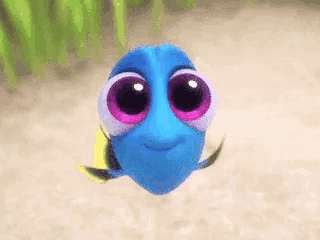 a cartoon fish with big pink eyes is smiling and looking at the camera
