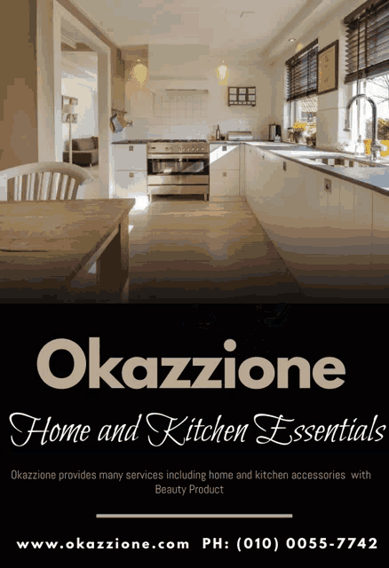 an ad for okazzone home and kitchen essentials shows a kitchen