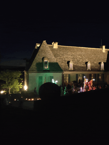 a group of people are gathered outside of a large house at night