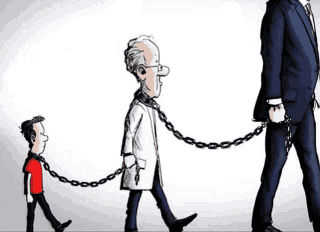 a cartoon of a man chained to another man 's waist