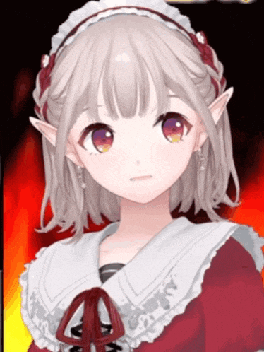 a girl with white hair and red eyes is wearing a red dress and a white collar