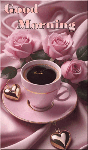 a cup of coffee sits on a saucer with pink roses and the words good morning written above it