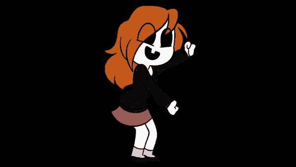 a cartoon of a girl with red hair is pointing at the camera