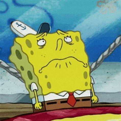 a cartoon of spongebob squarepants making a sad face while holding a rope .