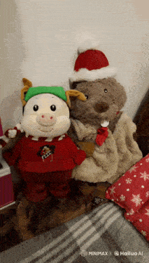 two stuffed animals one wearing a santa hat and the other wearing a pig sweater