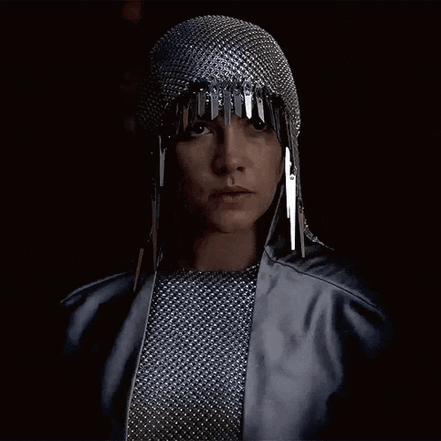 a woman is wearing a chain mail helmet and a silver jacket