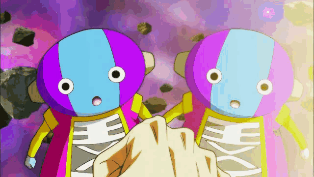 a cartoon character with a purple and blue head has the letter e on his chest