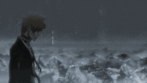 a black and white drawing of a man in a suit standing in the rain