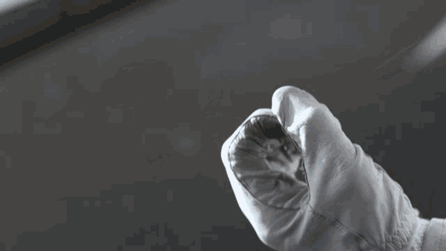 a person wearing a white glove is holding a small object