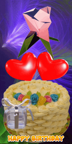 a happy birthday greeting card with a cake and two hearts
