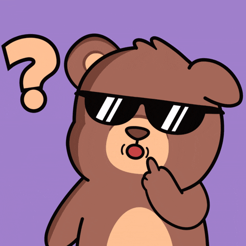 a teddy bear wearing sunglasses has a question mark on its head